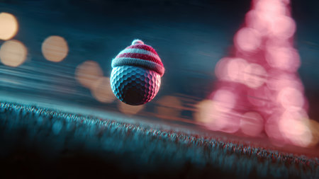 Festive golf concept featuring a golf ball wearing a Santa hat.の素材