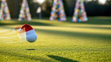 Festive golf concept featuring a golf ball wearing a Santa hat.の素材