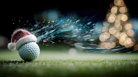 Festive golf concept featuring a golf ball wearing a Santa hat.の素材