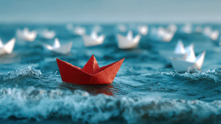 A red origami paper boat leading a line of white paper boats on a calm blue ocean, symbolizing leadership and individuality.の素材