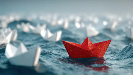 A red origami paper boat leading a line of white paper boats on a calm blue ocean, symbolizing leadership and individuality.の素材