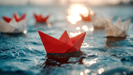 A red origami paper boat leading a line of white paper boats on a calm blue ocean, symbolizing leadership and individuality.の素材