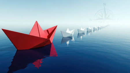 A red origami paper boat leading a line of white paper boats on a calm blue ocean, symbolizing leadership and individuality.の素材