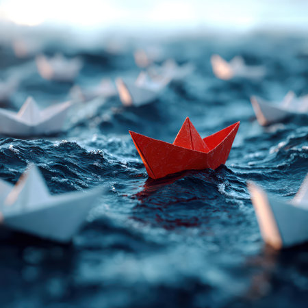 A red origami paper boat leading a line of white paper boats on a calm blue ocean, symbolizing leadership and individuality.の素材
