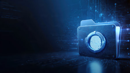 Futuristic digital folder with a glowing fingerprint icon symbolizing cybersecurity and identity protection.の素材