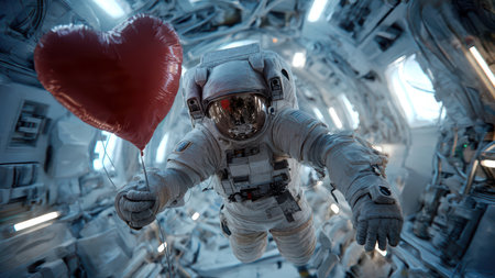 Futuristic Astronaut Holding Red Balloon in Zero-Gravity Station Corridor.の素材