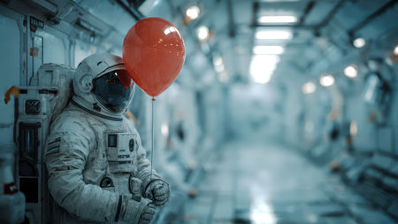 Futuristic Astronaut Holding Red Balloon in Zero-Gravity Station Corridor.の素材