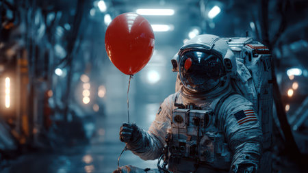 Futuristic Astronaut Holding Red Balloon in Zero-Gravity Station Corridor.の素材