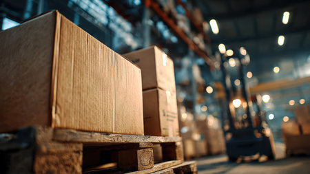 Forklift moving cardboard boxes in an industrial warehouse.の素材