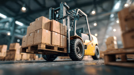 Forklift moving cardboard boxes in an industrial warehouse.の素材