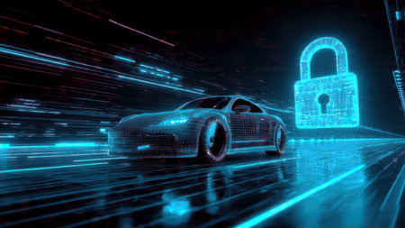 Car cybersecurity concept in a glowing digital network environment.の素材