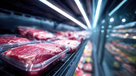 Fresh Packaged Meat on Refrigerated Shelf in Supermarket.の素材