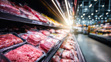 Fresh Packaged Meat on Refrigerated Shelf in Supermarket.の素材