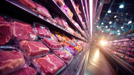 Fresh Packaged Meat on Refrigerated Shelf in Supermarket.の素材
