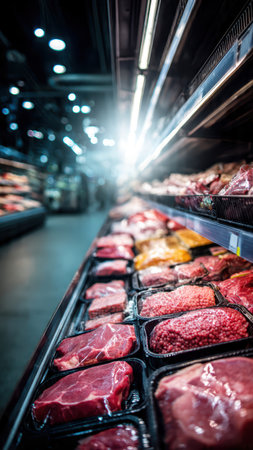 Fresh Packaged Meat on Refrigerated Shelf in Supermarket.の素材