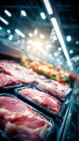 Fresh Packaged Meat on Refrigerated Shelf in Supermarket.の素材