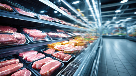 Fresh Packaged Meat on Refrigerated Shelf in Supermarket.の素材
