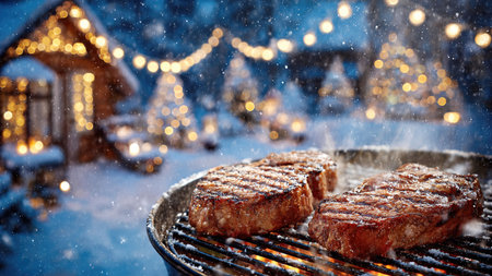 Grilled Steaks on Barbecue in Snowy Christmas Night with Festive Lights.の素材