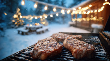 Grilled Steaks on Barbecue in Snowy Christmas Night with Festive Lights.の素材
