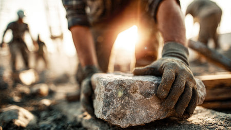 A worker lays paving stones on a garden path.の素材