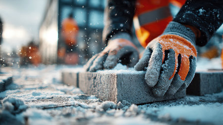 A worker lays paving stones on a garden path.の素材