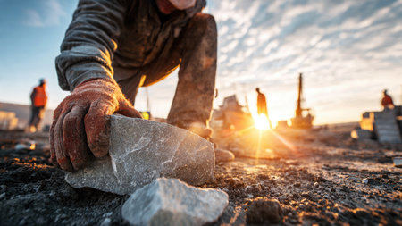 A worker lays paving stones on a garden path.の素材