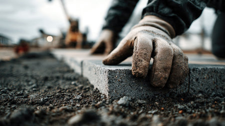 A worker lays paving stones on a garden path.の素材