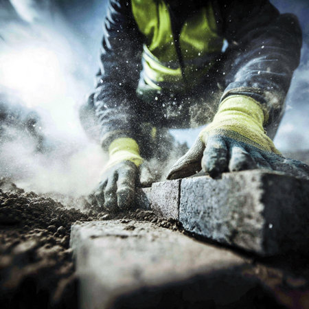 A worker lays paving stones on a garden path.の素材