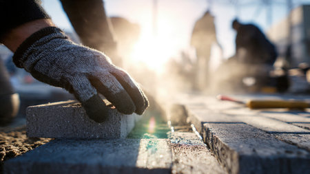 A worker lays paving stones on a garden path.の素材
