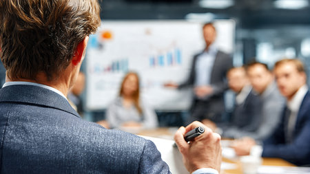 Business team attending presentation in modern office meeting room.の素材