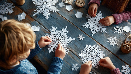 Children cut out paper snowflakes during holiday arts and crafts activities.の素材