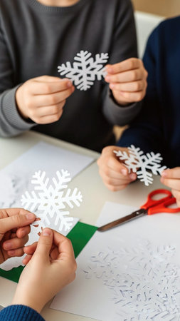 Children cut out paper snowflakes during holiday arts and crafts activities.の素材