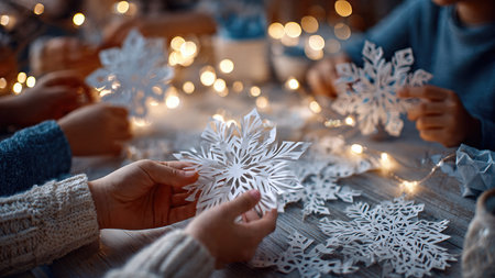 Children cut out paper snowflakes during holiday arts and crafts activities.の素材