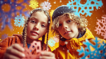 Children cut out paper snowflakes during holiday arts and crafts activities.の素材