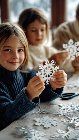 Children cut out paper snowflakes during holiday arts and crafts activities.の素材