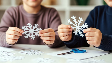 Children cut out paper snowflakes during holiday arts and crafts activities.の素材