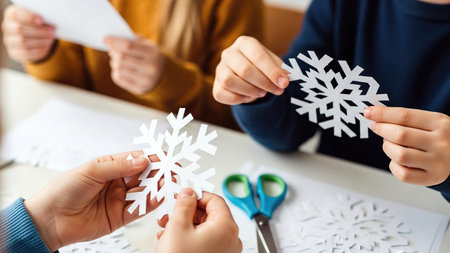 Children cut out paper snowflakes during holiday arts and crafts activities.の素材