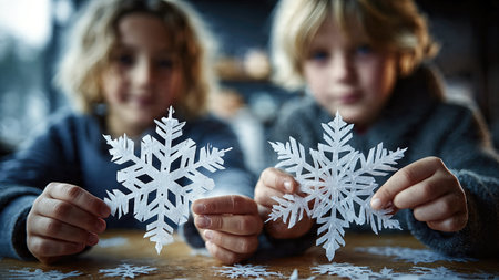 Children cut out paper snowflakes during holiday arts and crafts activities.の素材