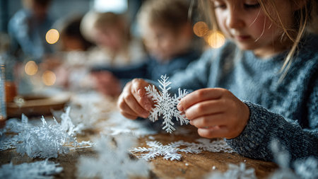 Children cut out paper snowflakes during holiday arts and crafts activities.の素材