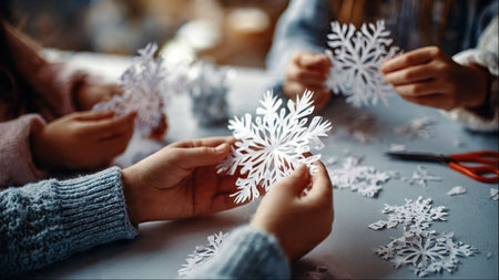 Children cut out paper snowflakes during holiday arts and crafts activities.の素材