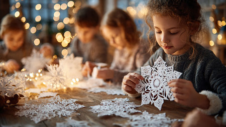 Children cut out paper snowflakes during holiday arts and crafts activities.の素材