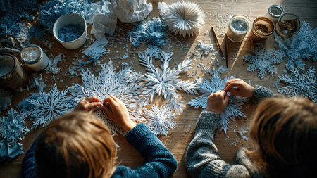 Children cut out paper snowflakes during holiday arts and crafts activities.の素材