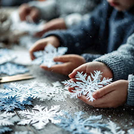 Children cut out paper snowflakes during holiday arts and crafts activities.の素材