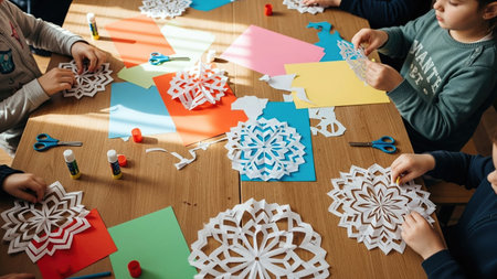 Children cut out paper snowflakes during holiday arts and crafts activities.の素材