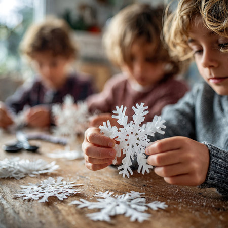 Children cut out paper snowflakes during holiday arts and crafts activities.の素材