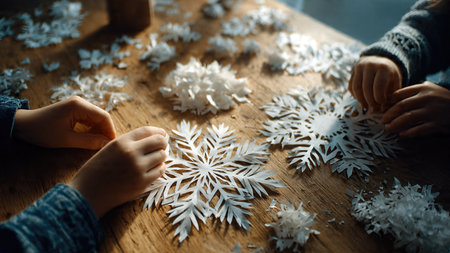 Children cut out paper snowflakes during holiday arts and crafts activities.の素材