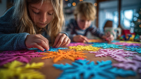 Children cut out paper snowflakes during holiday arts and crafts activities.の素材