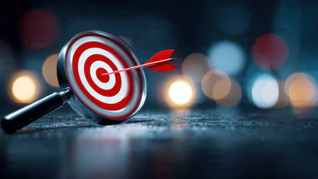 Magnifying glass highlighting a dartboard symbolizing strategy, planning and leadership.の素材