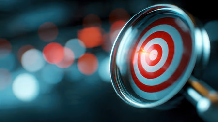 Magnifying glass highlighting a dartboard symbolizing strategy, planning and leadership.の素材