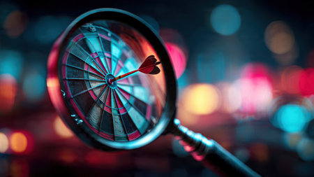 Magnifying glass highlighting a dartboard symbolizing strategy, planning and leadership.の素材